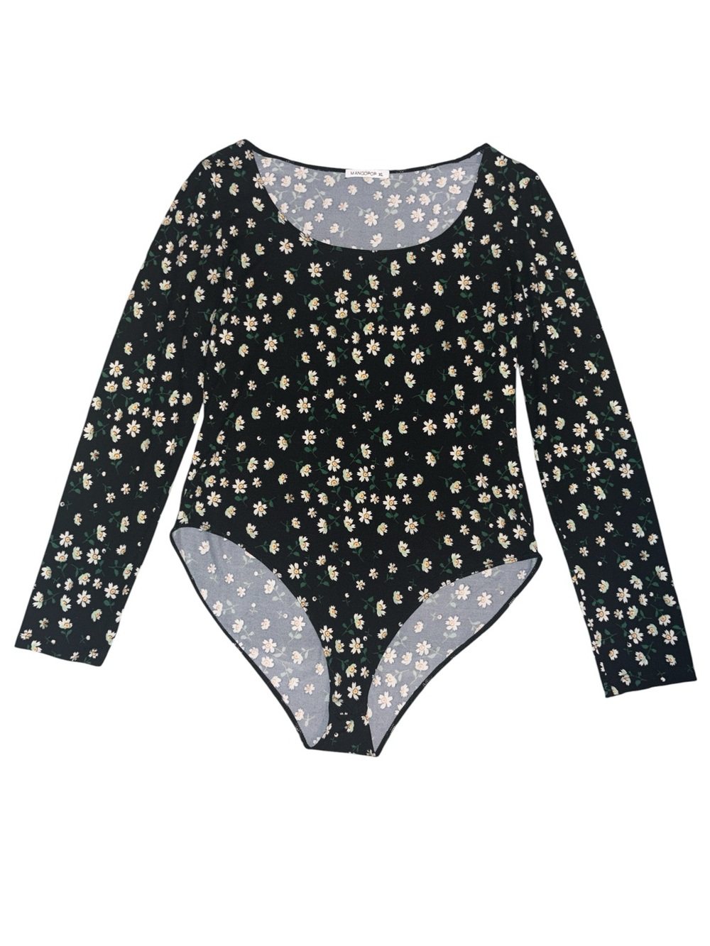 Mangopop Women's Black Floral Long-Sleeve Scoop Neck Bodysuit